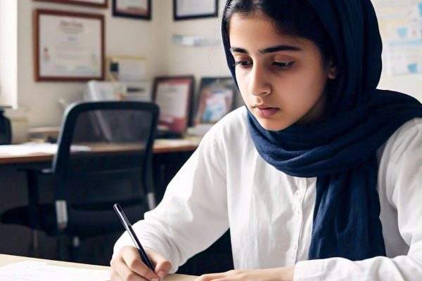 Student preparing for the MDCAT medical college admission test using study notes and practice MCQs.