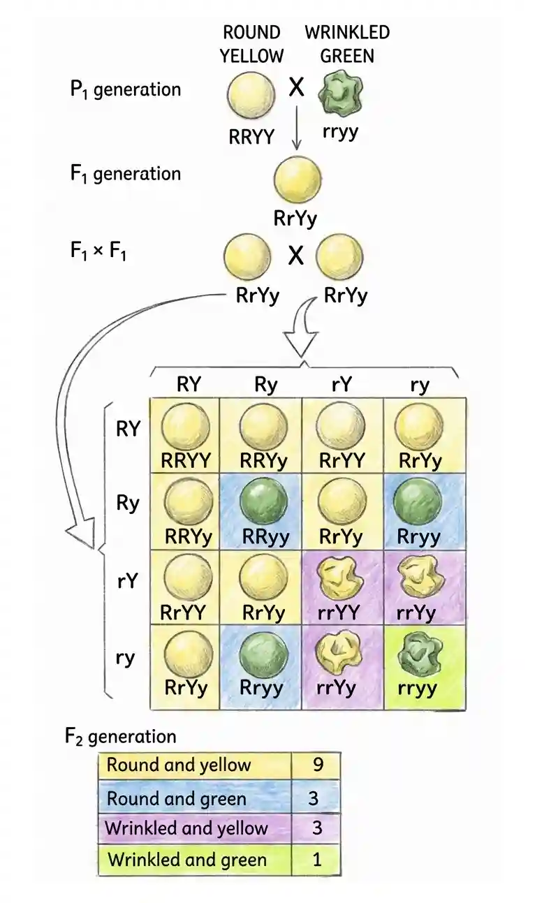 A hand-drawn genetic diagram on a white background detailing a dihybrid cross of pea plants.$P_1$ Generation: A smooth yellow seed ($RRYY$) is crossed with a wrinkled green seed ($rryy$). $F_1$ Generation: Results in a smooth yellow seed ($RrYy$). $F_1 \times F_1$ Cross: Two $RrYy$ seeds are crossed, leading to a large $4 \times 4$ Punnett Square. Punnett Square: The grid displays 16 combinations of the alleles $RY$, $Ry$, $rY$, and $ry$. The cells are color-coded: orange for Round-Yellow, blue for Round-Green, purple for Wrinkled-Yellow, and yellow for Wrinkled-Green. $F_2$ Generation Summary: A table at the bottom lists the final phenotypic counts: 9 Round-Yellow, 3 Round-Green, 3 Wrinkled-Yellow, and 1 Wrinkled-Green.
