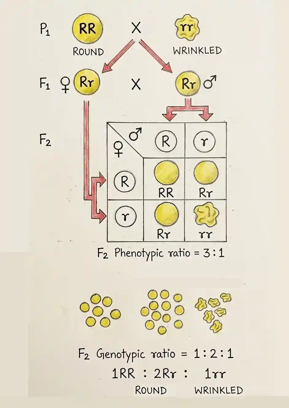 A hand-drawn educational diagram showing a Mendelian genetic cross for seed shape.Top (P1 Generation): A large round yellow seed labeled "RR" crossed with a wrinkled yellow seed labeled "rr". Middle (F1 Generation): Two heterozygous round seeds labeled "Rr" (one female, one male) are crossed. Center (Punnett Square): A 2x2 grid shows the possible allele combinations for the F2 generation: one RR (round), two Rr (round), and one rr (wrinkled). Bottom (Ratios): Illustrates the results with clusters of small seeds. The phenotypic ratio is 3:1 (Round : Wrinkled). The genotypic ratio is shown as 1:2:1, represented by a cluster of 6 seeds for RR, 12 seeds for Rr, and 6 seeds for rr, maintaining exact mathematical proportions for the single-trait inheritance model.