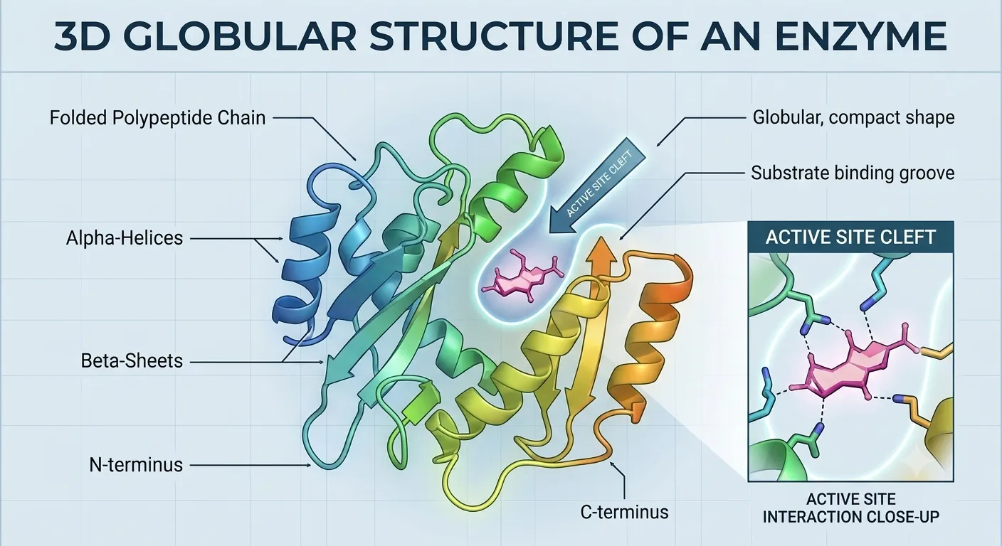A comprehensive scientific diagram titled "3D GLOBULAR STRUCTURE OF AN ENZYME" set against a grid background. The main illustration is a detailed, color-coded ribbon model representing the folded polypeptide chain of a protein enzyme. The chain transitions in color from blue at the N-terminus (identified with a label) to orange-red at the C-terminus (identified with a label). The overall shape is annotated as "Globular, compact shape." Call-out annotations on the left point to "Folded Polypeptide Chain" (generally), "Alpha-Helices" (coiled segments), and "Beta-Sheets" (flat, arrow-like segments). Annotations on the right identify a "Substrate binding groove," where a pink molecular ring-shaped substrate is bound. A prominent blue arrow labeled "ACTIVE SITE CLEFT" points to this pocket. To the right, a magnified inset box labeled "ACTIVE SITE CLEFT" at the top and "ACTIVE SITE INTERACTION CLOSE-UP" at the bottom provides a high-detail close-up of the bound pink substrate ring, showing small gray dashed lines representing hydrogen bonds (interaction details) to surrounding green ribbon segments and specific atoms of amino acid residues. The entire diagram is clean, technical, and provides a multi-scale view of the enzyme's structure.