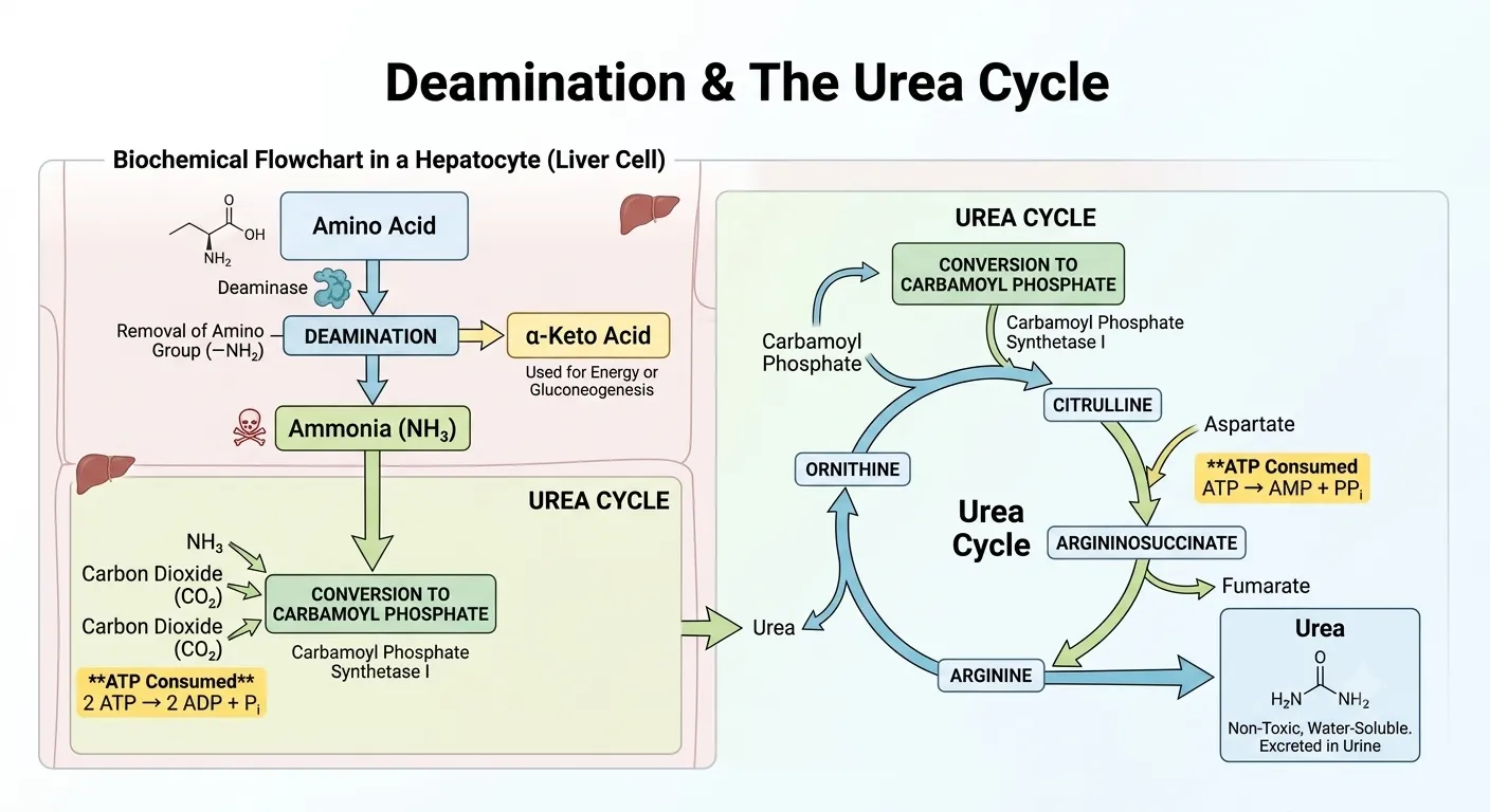 On the right, a large circular pathway with blue arrows is labeled "Urea Cycle" in the center. It depicts the cyclic steps: Ornithine $\rightarrow$ Citrulline $\rightarrow$ Argininosuccinate $\rightarrow$ Arginine $\rightarrow$ back to Ornithine. Inputs into the cycle include "Carbamoyl Phosphate" (from the CP conversion) combining with Ornithine to form Citrulline, and "Aspartate" entering to form Argininosuccinate. The Aspartate step also notes energy consumption: "ATP Consumed" and the formula "$\text{ATP} \rightarrow \text{AMP} + PP_i$". Exits from the cycle include "Fumarate" leaving from Argininosuccinate to form Arginine, and a large blue arrow for "Urea" leaving from Arginine to form Ornithine. The urea arrow points to a final box on the bottom right: "Urea" with its chemical structure and the text description: "Non-Toxic, Water-Soluble. Excreted in Urine." The enzyme "Carbamoyl Phosphate Synthetase I" is shown adjacent to the Carbamoyl Phosphate input step.