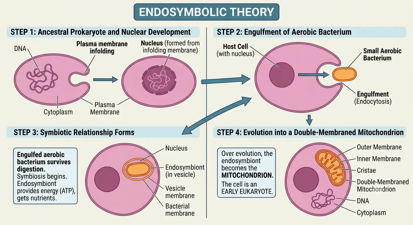 A scientific diagram titled "ENDOSYMBOLIC THEORY," divided into four numbered panels showing sequential steps.**Panel 1, "STEP 1: Ancestral Prokaryote and Nuclear Development" (top left):** shows an ancestral prokaryote cell with DNA in the cytoplasm. Illustrations depict the plasma membrane infolding to surround the DNA, forming a distinct nucleus with a double membrane. **Panel 2, "STEP 2: Engulfment of Aerobic Bacterium" (top right):** shows the host cell, with its new nucleus, approaching a smaller aerobic bacterium. A large arrow and "Engulfment (Endocytosis)" label illustrate the engulfment process. **Panel 3, "STEP 3: Symbiotic Relationship Forms" (bottom left):** shows the engulfed bacterium inside the host cell within a vesicle. Text describes this: "Engulfed aerobic bacterium survives digestion. Symbiosis begins. Endosymbiont provides energy (ATP), gets nutrients." Detailed labels show the nucleus, endosymbiont in a vesicle, vesicle membrane, and bacterial membrane. **Panel 4, "STEP 4: Evolution into a Double-Membraned Mitochondrion" (bottom right):** illustrates the endosymbiont fully transformed into a double-membraned mitochondrion within the cell, now labeled as an "EARLY EUKARYOTE." Detailed labels point to the outer membrane, inner membrane, cristae, and distinct DNA within the mitochondrion. Text states: "Over evolution, the endosymbiont becomes the MITOCHONDRION."