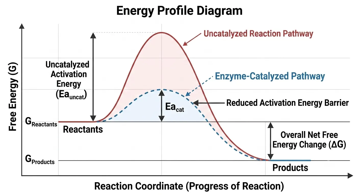 A graphical plot of Free Energy (G) versus Reaction Coordinate, showing solid red uncatalyzed and dashed blue enzyme-catalyzed reaction paths. Both pathways start with reactants at the same higher energy level (labeled G_Reactants) and end with products at the same lower energy level (labeled G_Products). The uncatalyzed path features a significantly higher activation energy peak (labeled 'Uncatalyzed Activation Energy (Ea_uncat)'), while the enzyme-catalyzed path has a much lower peak (labeled 'Ea_cat'), with a text callout pointing to the 'Reduced Activation Energy Barrier'. A large vertical arrow confirms that the 'Overall Net Free Energy Change ($\Delta G$)' is identical for both pathways. Relevant labels and energy levels are marked throughout.