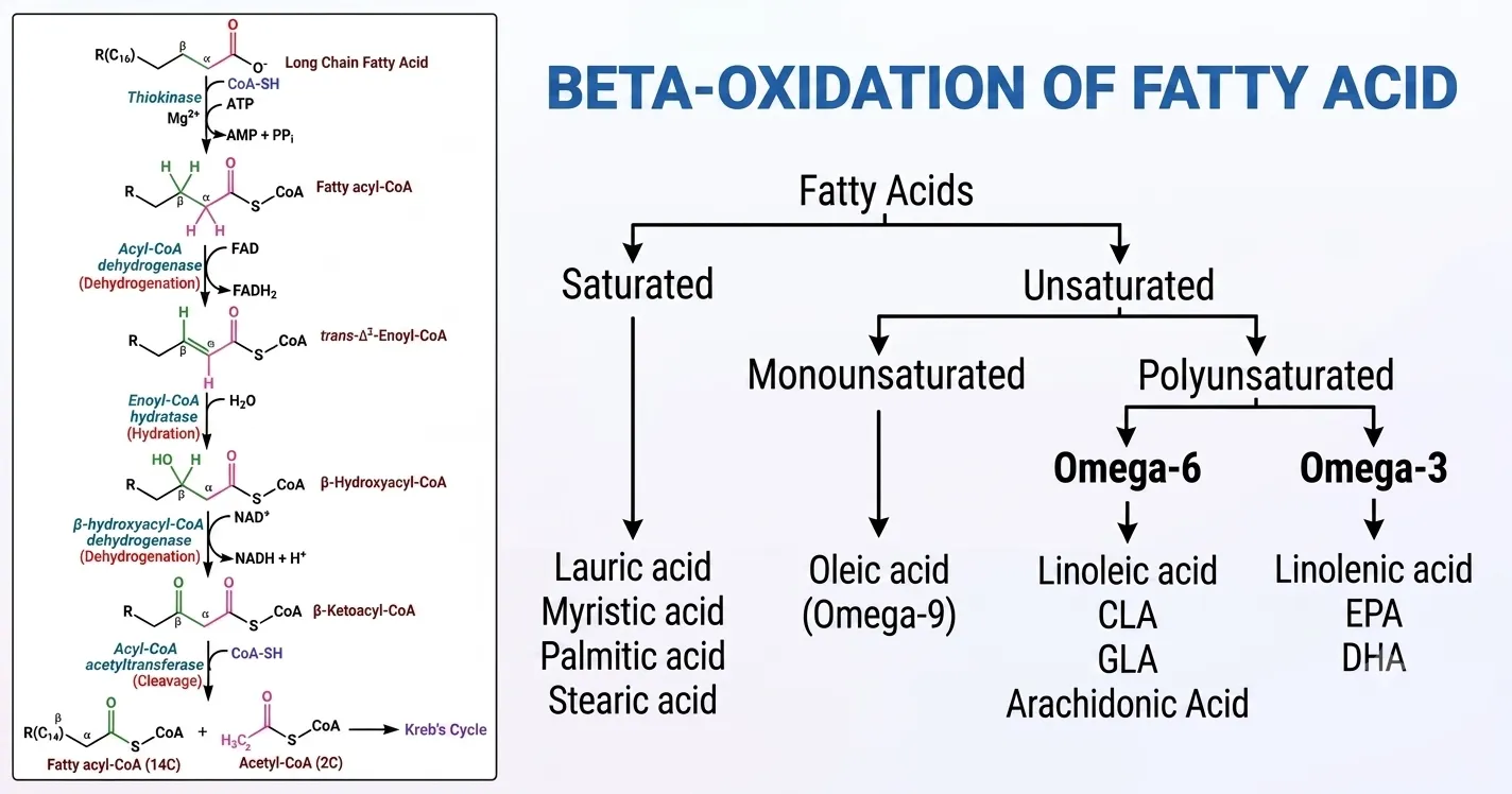 A complex, detailed educational chart titled "BETA-OXIDATION OF FATTY ACID" is presented, featuring both a classification hierarchy and a complete metabolic pathway.On the right, a hierarchical chart classifies "Fatty Acids." The first branch splits into "Saturated" and "Unsaturated." The "Saturated" branch lists examples: Lauric acid, Myristic acid, Palmitic acid, Stearic acid. The "Unsaturated" branch splits further into "Monounsaturated" (listing Oleic acid, marked as Omega-9) and "Polyunsaturated." The "Polyunsaturated" branch splits into "Omega-6" and "Omega-3." Under "Omega-6," examples are Linoleic acid, CLA, GLA, and Arachidonic Acid. Under "Omega-3," examples are Linolenic acid, EPA, and DHA. On the left, a detailed, step-by-step diagram details the "BETA-OXIDATION PATHWAY" for a 16-carbon long-chain fatty acid. The pathway begins with the chemical structure and label of "Long Chain Fatty Acid ($R(C_{16})$)". The entire pathway is framed in a rectangle with numbered steps and explicit structural details. 1. **Activation:** The Long Chain Fatty Acid is converted to "Fatty acyl-CoA" via **Thiokinase**, using **Mg2+** and **ATP**, with **CoA-SH** input and **AMP + PPi** output. The detailed structure of Fatty acyl-CoA is shown. 2. **Oxidation 1:** Fatty acyl-CoA undergoes dehydrogenation to "trans-Δ²-Enoyl-CoA" via **Acyl-CoA dehydrogenase** (utilizing **FAD** reduced to **FADH2**). The structure shows the new double bond at the delta-2 position. 3. **Hydration:** Trans-Δ²-Enoyl-CoA undergoes hydration to "β-Hydroxyacyl-CoA" via **Enoyl-CoA hydratase** (utilizing **H2O**). The structure shows the addition of the hydroxyl group at the beta carbon. 4. **Oxidation 2:** β-Hydroxyacyl-CoA undergoes a second dehydrogenation to "β-Ketoacyl-CoA" via **β-hydroxyacyl-CoA dehydrogenase** (utilizing **NAD+** reduced to **NADH + H+**). The structure shows the conversion of the hydroxyl to a carbonyl group. 5. **Cleavage:** β-Ketoacyl-CoA is cleaved by **Acyl-CoA acetyltransferase** (thiolase), which utilizes **CoA-SH**, into two products: a shortened, 14-carbon "**Fatty acyl-CoA (14C)**" ($R(C_{14})$) and a 2-carbon "**Acetyl-CoA (2C)**". The detailed structures of both are shown. An final arrow from the Acetyl-CoA structure explicitly points to "Kreb's Cycle." All enzymatic reactions (marked in blue text above/below the arrows) are clearly listed with cofactors (marked in black) and general descriptions (marked in red text, like "Dehydrogenation," "Hydration," "Cleavage"). Molecule structures are detailed with chain length indicators and explicit alpha, beta, and carboxyl carbon labels. The final Acetyl-CoA molecule has its specific acetyl group highlighted in pink. The background is a clean white with subtle gradient accents, and the whole image is enclosed in a structured layout.