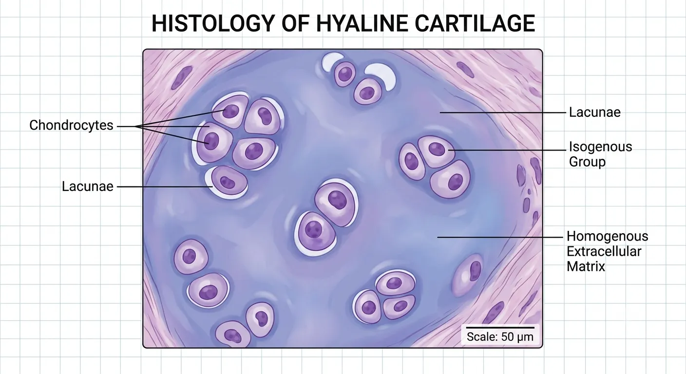 A detailed histological illustration labeled "HISTOLOGY OF HYALINE CARTILAGE" against a light grid background. A central rectangular field contains a stylized cross-section of hyaline cartilage tissue with a blue-purple and pink color palette, resembling an H&E stain. The background of the tissue is a smooth, bluish-purple "Homogenous Extracellular Matrix." Embedded throughout this matrix are multiple "Isogenous Groups" of specialized cells. One distinct cluster of four cells is specifically labeled as an "Isogenous Group." Pointers on the left and right identify individual round cells with nuclei as "Chondrocytes," and the clear spaces immediately surrounding each cell as "Lacunae." Pointers for "Chondrocytes" and "Lacunae" occur on both the left and right sides of the main illustration field. Pinkish fibrous connective tissue is visible at the very top and bottom edges, adjacent to the cartilage matrix. A small text box at the bottom-right corner of the illustration indicates "Scale: 50 µm" with a size reference line.