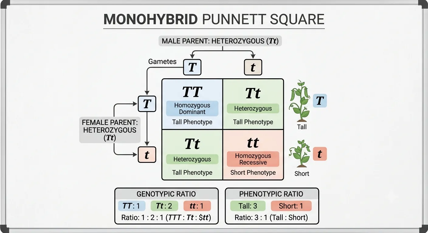 An infographic titled "MONOHYBRID PUNNETT SQUARE" detailing a genetic cross. At the top, labels define the "MALE PARENT: HETEROZYGOUS ($Tt$)" and show gametes 'T' and 't'. On the left, labels define the "FEMALE PARENT: HETEROZYGOUS ($Tt$)" and show gametes 'T' and 't'. A 2x2 grid details the resulting offspring combinations. The four cells show: top-left "TT" with "Homozygous Dominant" and "Tall Phenotype" (blue); top-right and bottom-left "Tt" with "Heterozygous" and "Tall Phenotype" (green); bottom-right "tt" with "Homozygous Recessive" and "Short Phenotype" (red). Illustrations to the right feature a tall pea plant labeled "Tall" (with 'T' allele) and a short pea plant labeled "Short" (with 't' allele). Below, summary tables provide ratios: "GENOTYPIC RATIO" shows 1 TT (blue), 2 Tt (green), 1 tt (red), with text "Ratio: 1 : 2 : 1 (TTT : Tt : $tt$)"; "PHENOTYPIC RATIO" shows 3 Tall (green) and 1 Short (red), with text "Ratio: 3 : 1 (Tall : Short)".