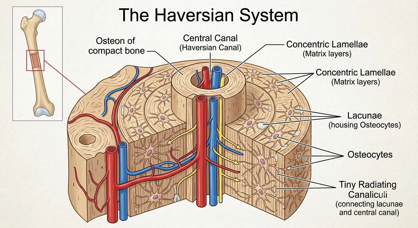 A detailed biological illustration diagram titled 'The Haversian System'. It features a main 3D cutaway view of an osteon in compact bone, and an inset diagram in the top left showing an entire long bone (femur) with a red box highlighting the source area. The main diagram shows a cross-section of a cylindrical bone structure. Labeled parts include: the 'Central Canal (Haversian Canal)' at the core containing a red artery, blue vein, and yellow nerve line; surrounding rings of bone matrix labeled as 'Concentric Lamellae (Matrix layers)'; small spaces labeled 'Lacunae (housing Osteocytes)'; and the mature bone cells labeled 'Osteocytes' inside. A vast, intricate network of extremely fine branching channels, labeled 'Tiny Radiating Canaliculi (connecting lacunae and central canal)', connects all the cells to each other and back to the central canal. Small arrows indicate the flow from the central canal outward.