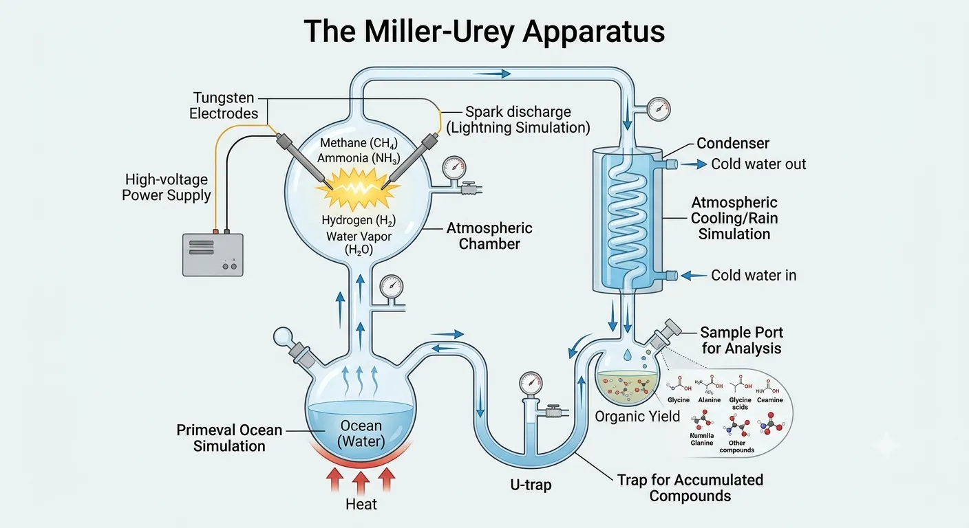 A detailed scientific diagram titled "The Miller-Urey Apparatus" illustrating a closed-loop glass-and-tube system on a light blue background, used to simulate primeval Earth conditions and produce organic molecules from inorganic precursors.The system features: 1. **Ocean simulation (Bottom Left):** A heating mantle (labeled "Heat" and "Primeval Ocean Simulation") warms a round-bottom flask labeled "Ocean (Water)." Upward wavy lines show steam rising. 2. **Atmospheric chamber (Upper Center):** Rising steam enters a large spherical "Atmospheric Chamber." Text inside lists the simulated gases: Methane ($CH_{4}$), Ammonia ($NH_{3}$), Hydrogen ($H_{2}$), and Water Vapor ($H_{2}O$). Two "Tungsten Electrodes" are inserted, connected by wires to a "High-voltage Power Supply" (a gray box). Inside the chamber, a yellow jagged bolt shape indicates a "Spark discharge (Lightning Simulation)." Pressure gauges monitor the pipes leading to and from the chamber. 3. **Condenser (Right Side):** Steam and gases pass through a glass spiral "Condenser" unit, with text "Atmospheric Cooling/Rain Simulation." Arrows show the flow of external cooling water jacket: "Cold water out" at the top and "Cold water in" at the bottom. 4. **Yield flask (Bottom Right):** Condensed liquid flows into a flask containing a brownish liquid labeled "Organic Yield." It features a "Sample Port for Analysis" and forms part of a "U-trap" system (also labeled "Trap for Accumulated Compounds") leading back towards the ocean flask. 5. **Product box:** Next to the organic yield flask, a diagram displays small chemical structures of synthesized molecules: Glycine, Alanine, "Glucine scids", "Ceamine", "Numnilla Glanine", and "Other compounds." Arrows with single and double stems indicate the continuous clockwise circulation of water, steam, and gases through the apparatus. A single arrow also indicates the flow of electrical discharge.