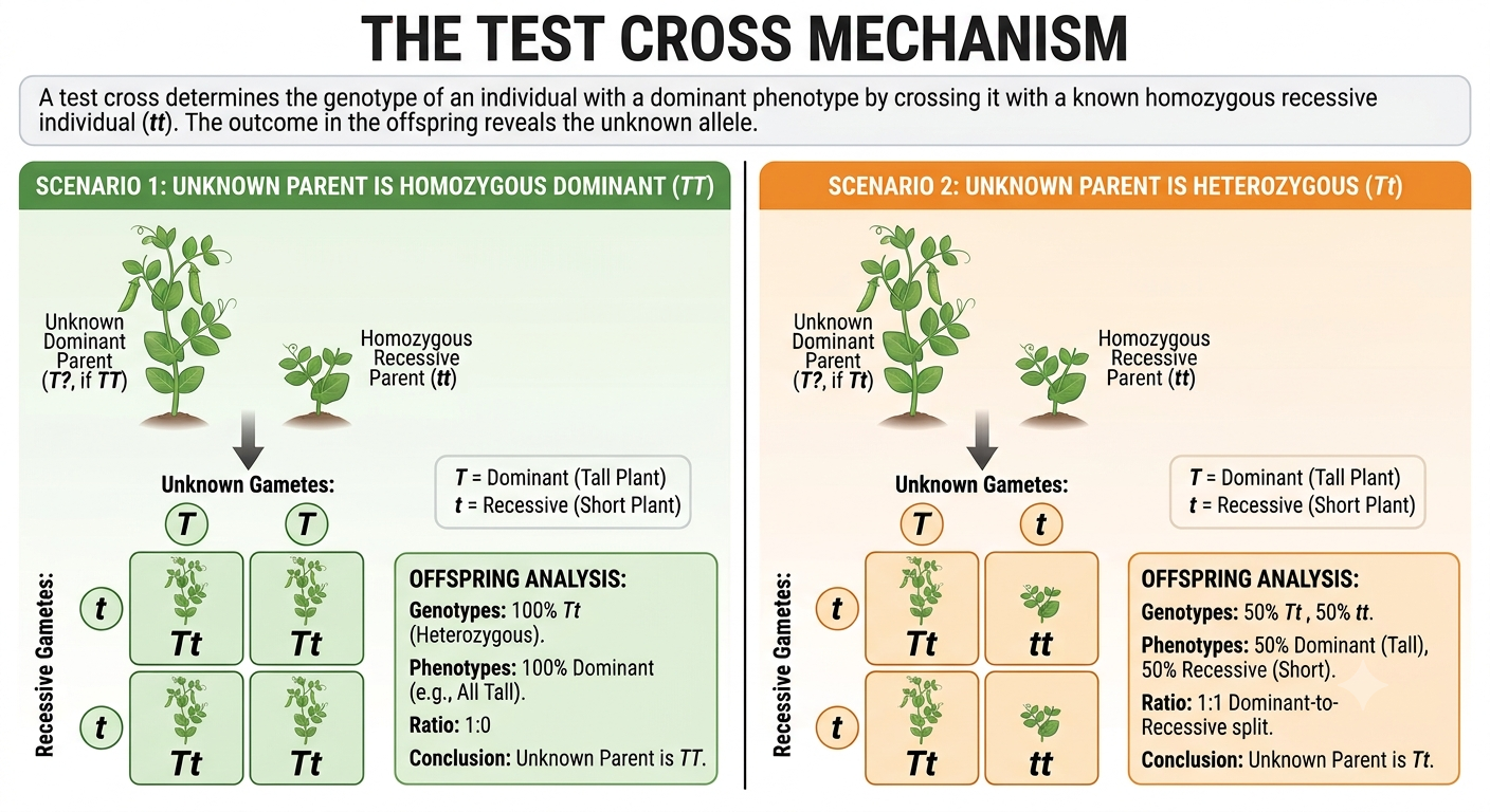 An infographic titled "THE TEST CROSS MECHANISM" with a detailed boxed introduction explaining its purpose. The image is split into two comparative columns with illustrations and Punnett squares using pea plants. The left green column, for Scenario 1, shows a cross where the "Unknown Dominant Parent (T?, if TT)" and "Homozygous Recessive Parent (tt)" produce only 'T' and 't' gametes, resulting in a Punnett square where all offspring are "Tt" and display green, tall plant phenotypes. An "Offspring Analysis" box concludes the unknown parent is "TT" based on 100% dominant offspring and a 1:0 ratio. The right orange column, for Scenario 2, shows a cross where the "Unknown Dominant Parent (T?, if Tt)" and "Homozygous Recessive Parent (tt)" produce gametes 'T' or 't', resulting in a Punnett square with half "Tt" green, tall plants and half "tt" paler, short plants. An "Offspring Analysis" box concludes the unknown parent is "Tt" based on a 1:1 dominant-to-recessive offspring phenotype split. Keys and text labels clearly organize all parents, gametes, offspring, and data.